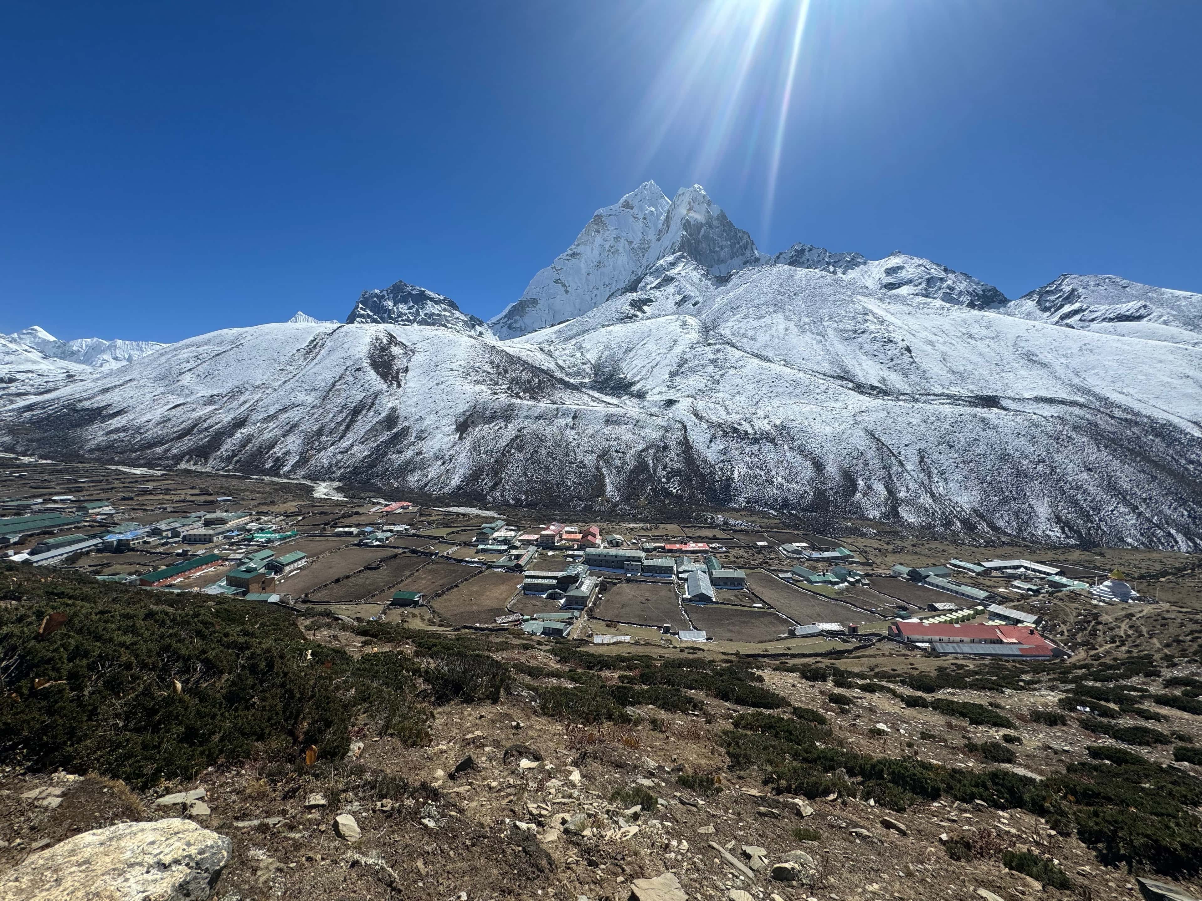 Panoramic view of Dingboche village with snow-capped Himalayan peaks
