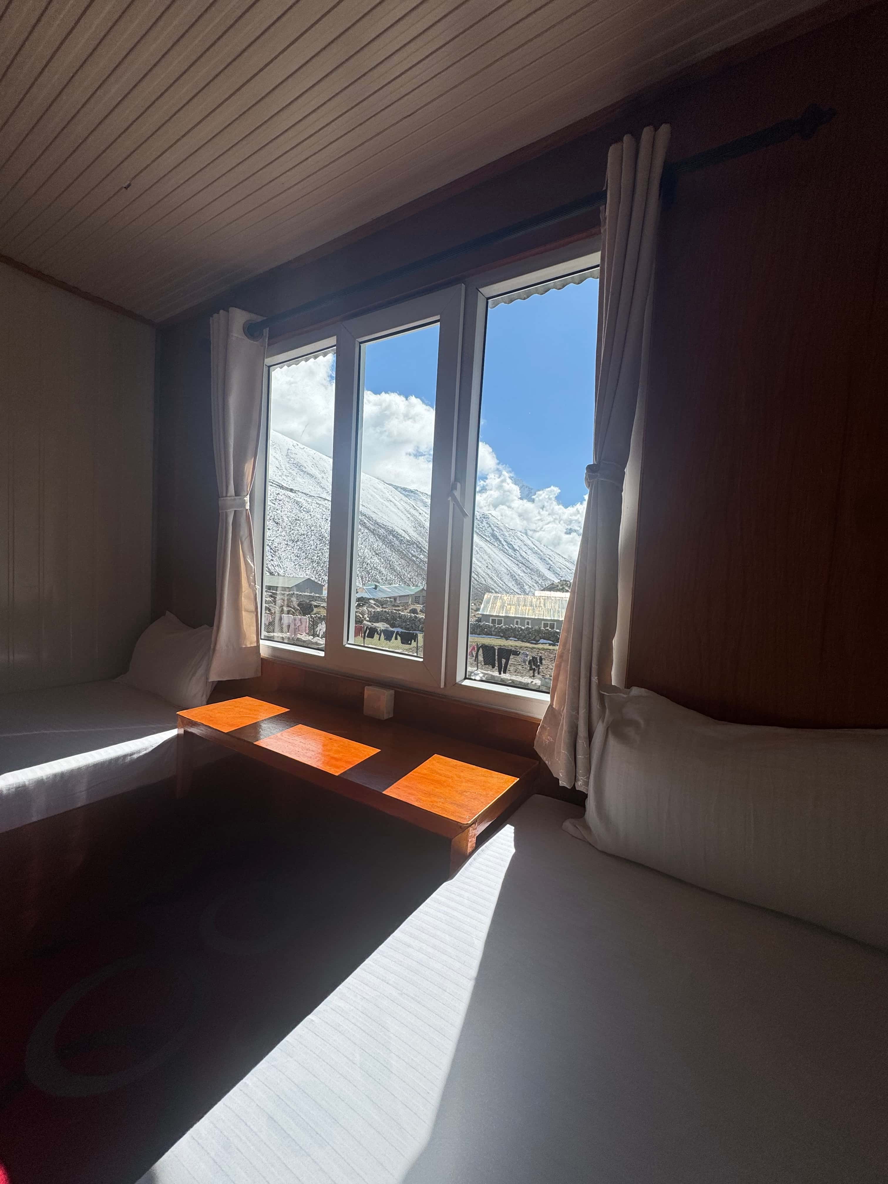 Cozy room interior with mountain views