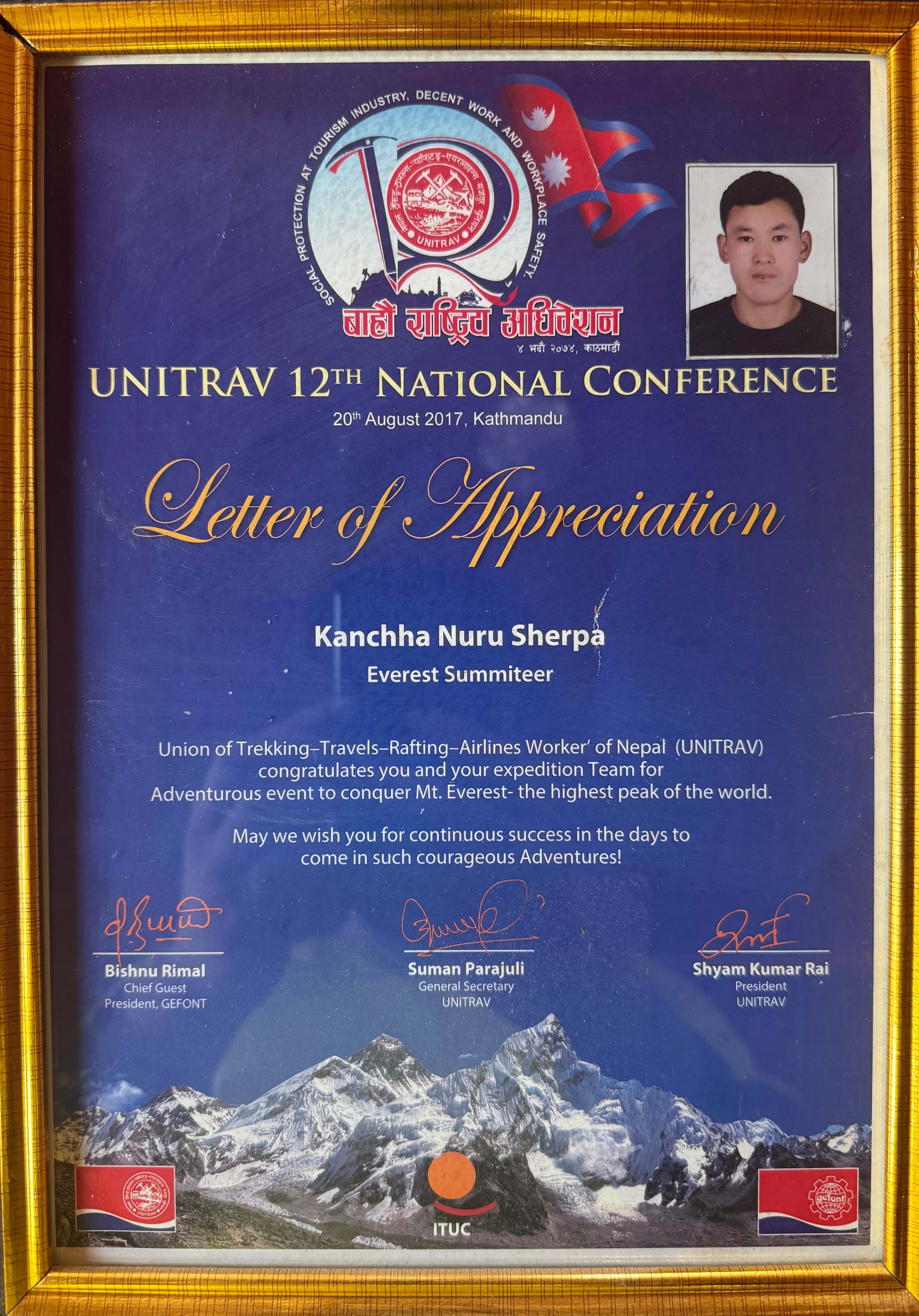 Kanchha Nuru Sherpa Everest Summit Certificate - Letter of Appreciation from UNITRAV